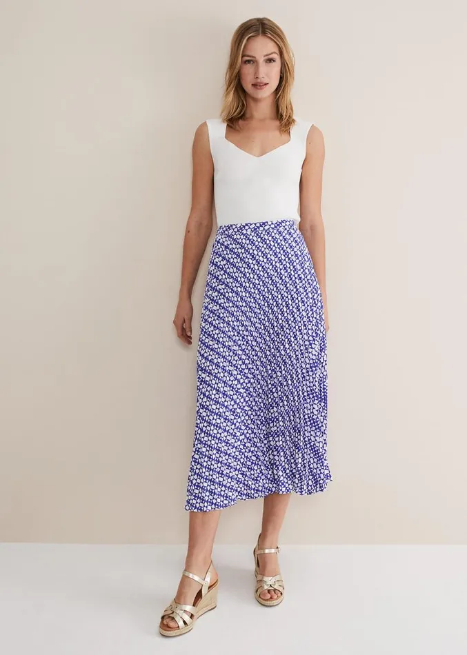 Elmina Geo Pleated Midi Skirt Blueivory Women Phase Eight Skirts