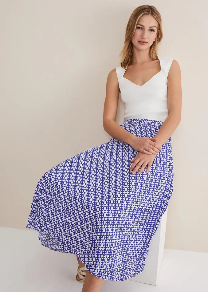 Elmina Geo Pleated Midi Skirt Blueivory Women Phase Eight Skirts