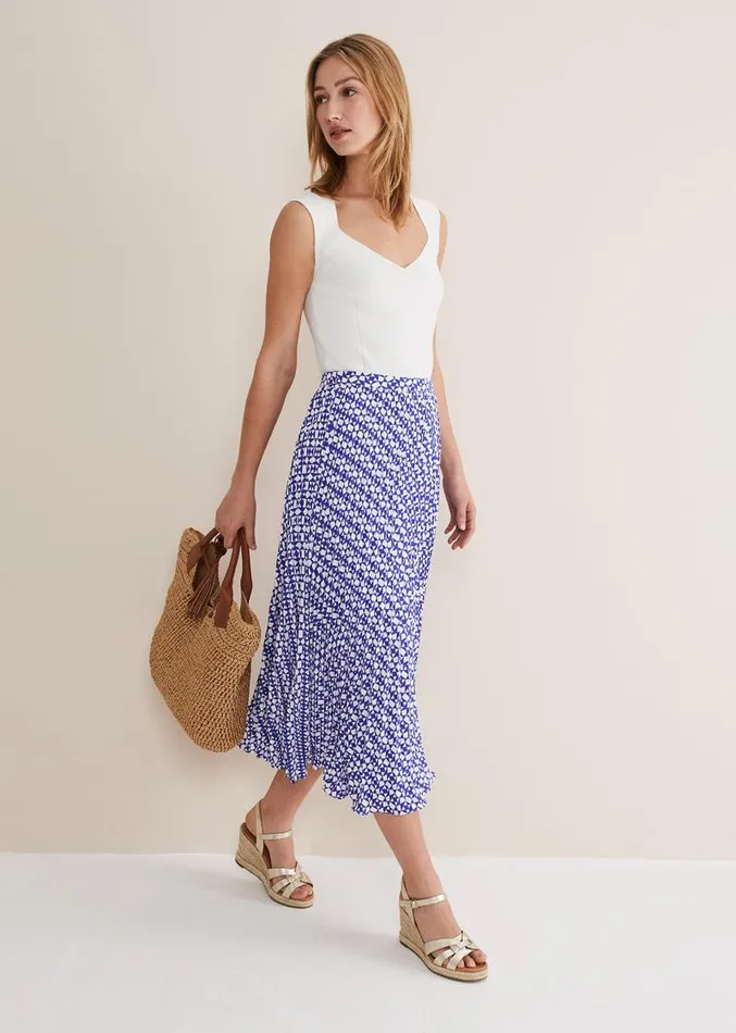 Elmina Geo Pleated Midi Skirt Blueivory Women Phase Eight Skirts