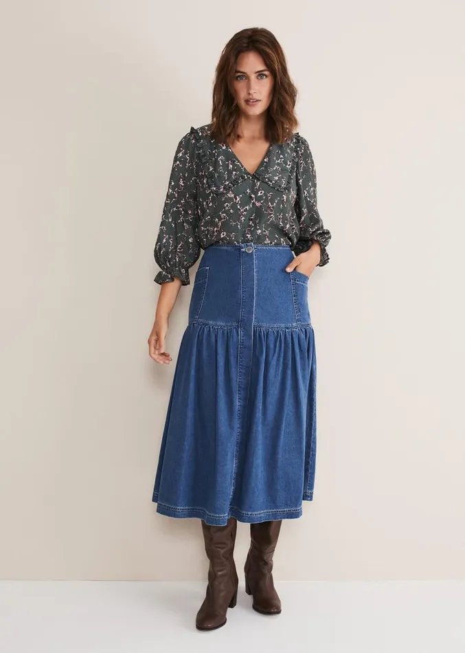 Elodie Tiered Denim Skirt Mid Wash Blue Women Phase Eight Skirts