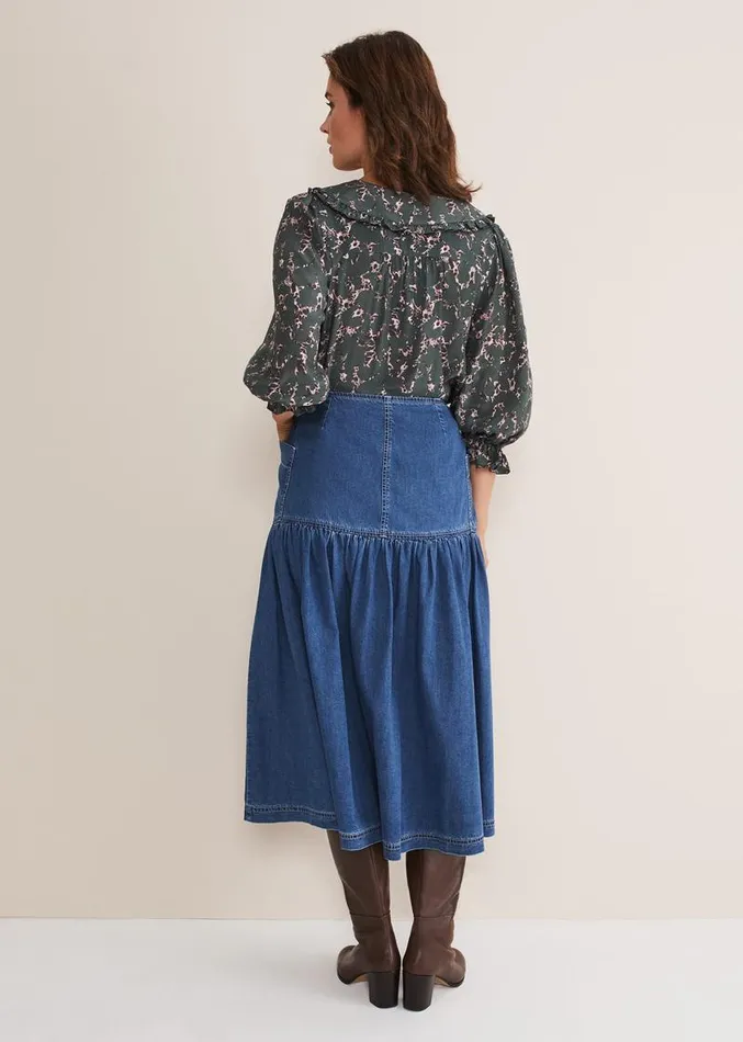 Elodie Tiered Denim Skirt Mid Wash Blue Women Phase Eight Skirts