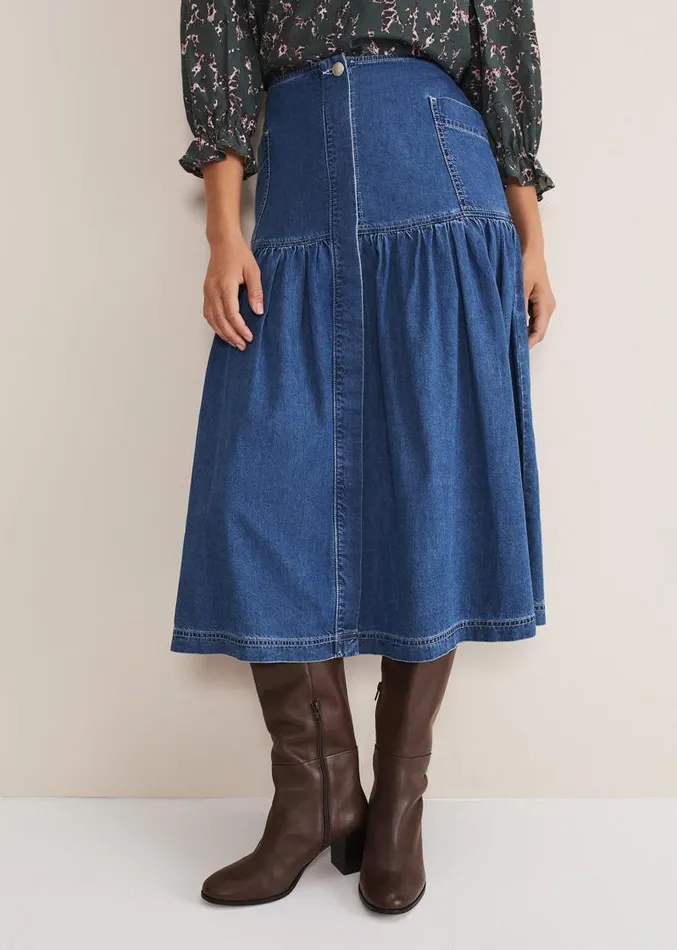 Elodie Tiered Denim Skirt Mid Wash Blue Women Phase Eight Skirts