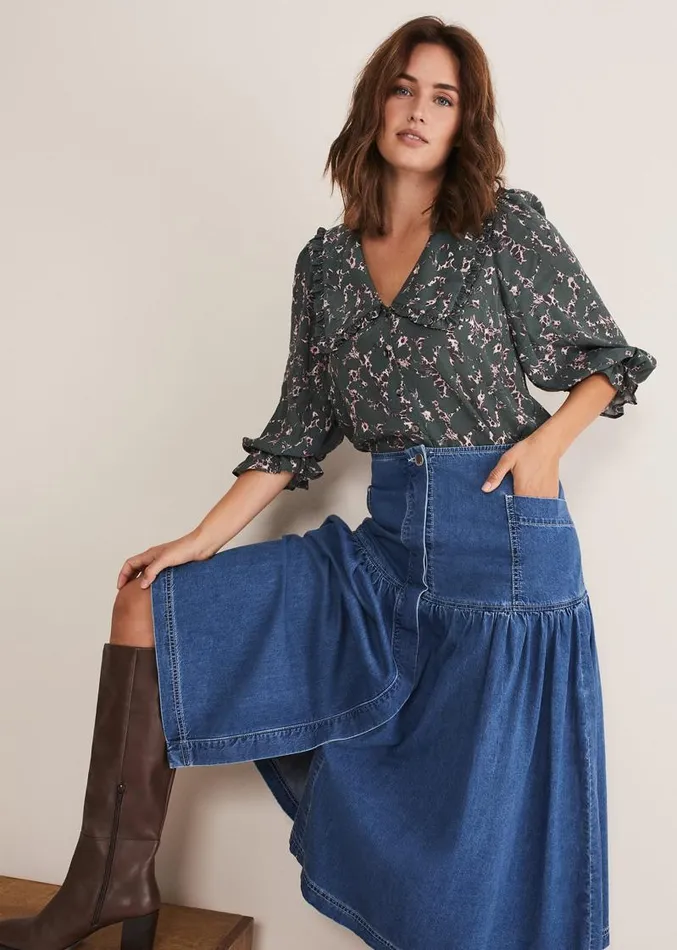 Elodie Tiered Denim Skirt Mid Wash Blue Women Phase Eight Skirts