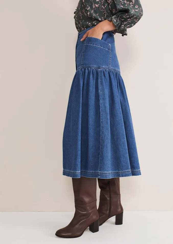Elodie Tiered Denim Skirt Mid Wash Blue Women Phase Eight Skirts