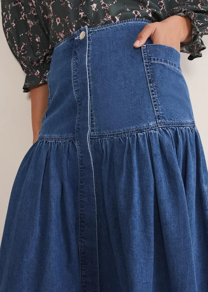 Elodie Tiered Denim Skirt Mid Wash Blue Women Phase Eight Skirts