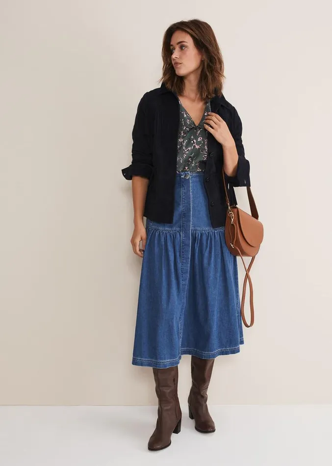 Elodie Tiered Denim Skirt Mid Wash Blue Women Phase Eight Skirts