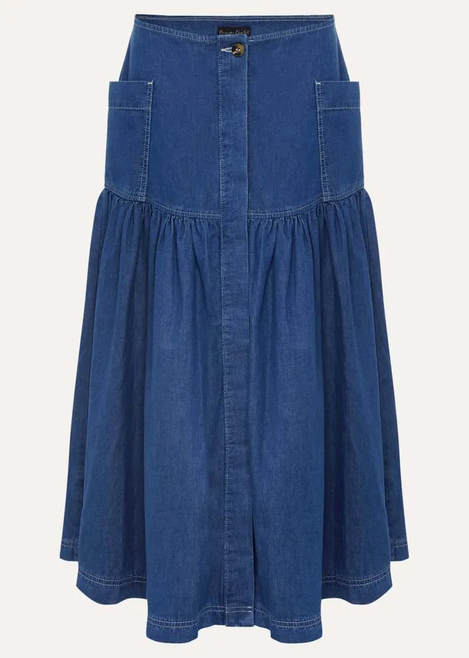 Elodie Tiered Denim Skirt Mid Wash Blue Women Phase Eight Skirts