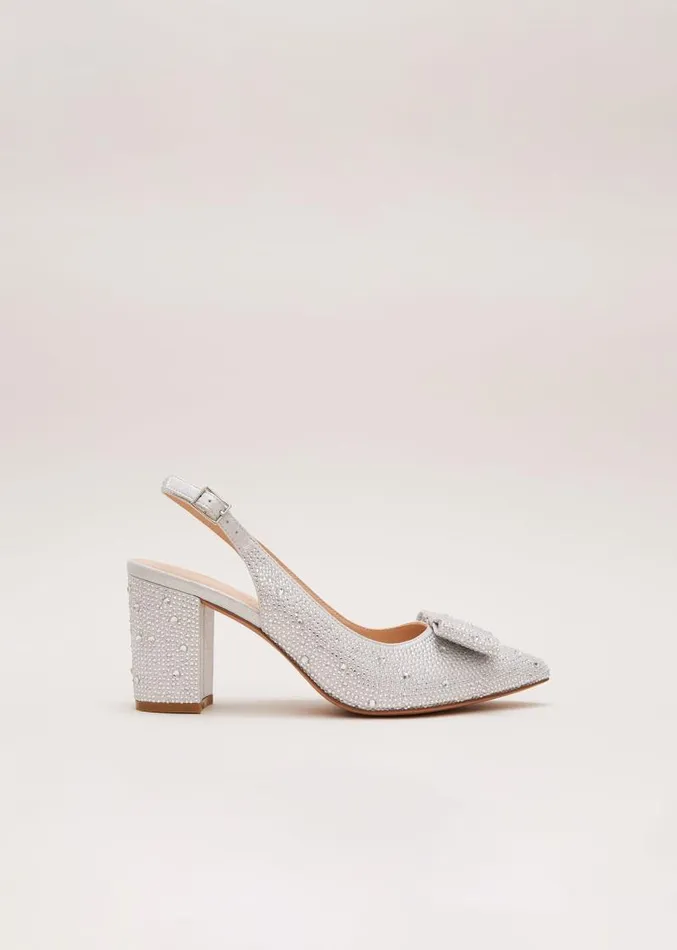 Embellished Bow Block Heel Slingback Silver Women Phase Eight Occasion Shoes