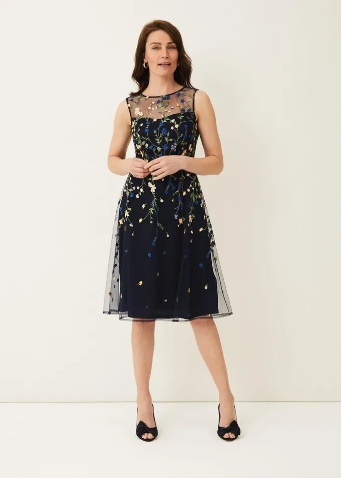 Esmeralda Embroidered Fit and Flare Dress Navymulti Women Phase Eight Dresses