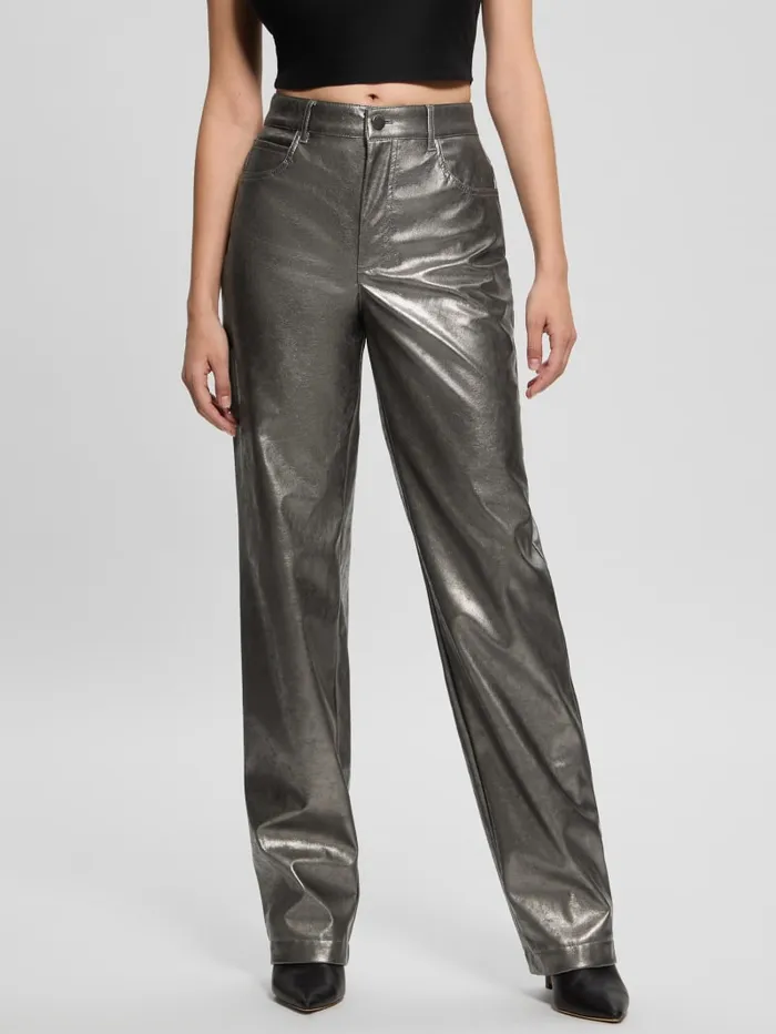 GUESS Bottoms Ambra Metallic FauxLeather Pants Gray 8211 Women
