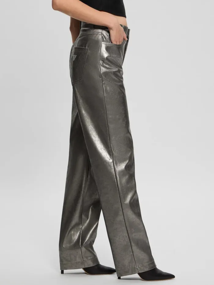 GUESS Bottoms Ambra Metallic FauxLeather Pants Gray 8211 Women
