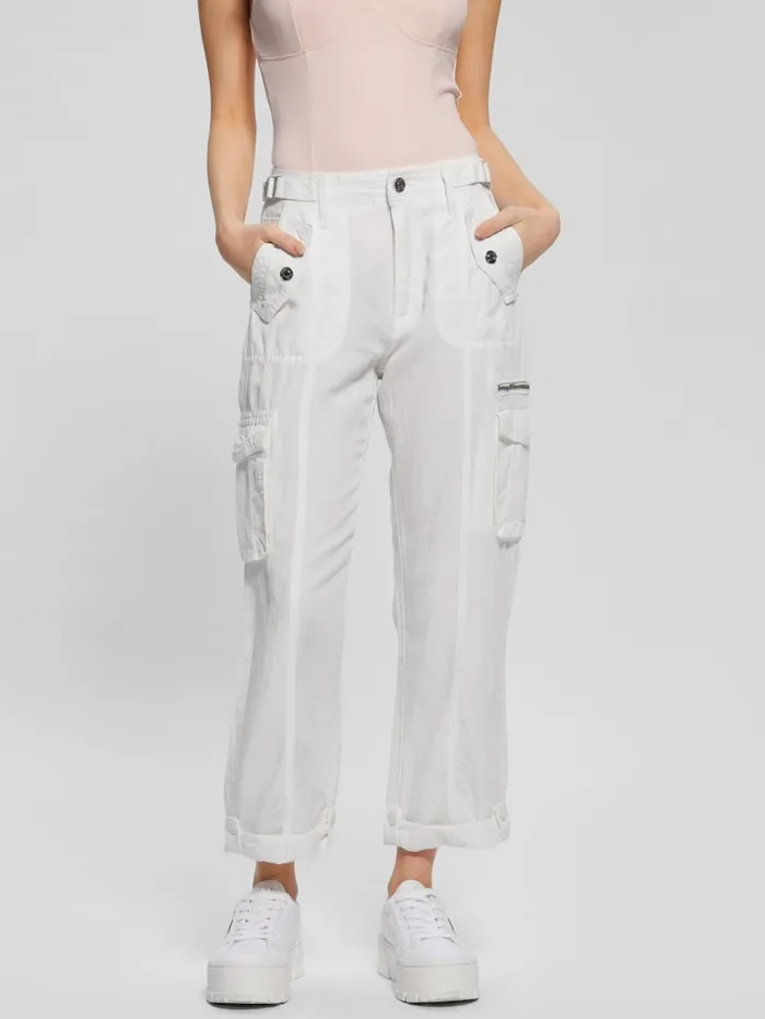 GUESS Bottoms Nessi Linen Cargo Pants White 8211 Women