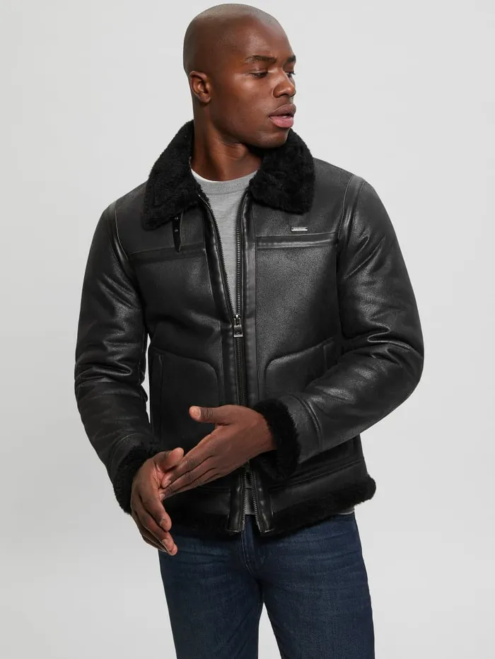 GUESS Jackets and Coats Aviator Shearling Jacket Black 8211 Men