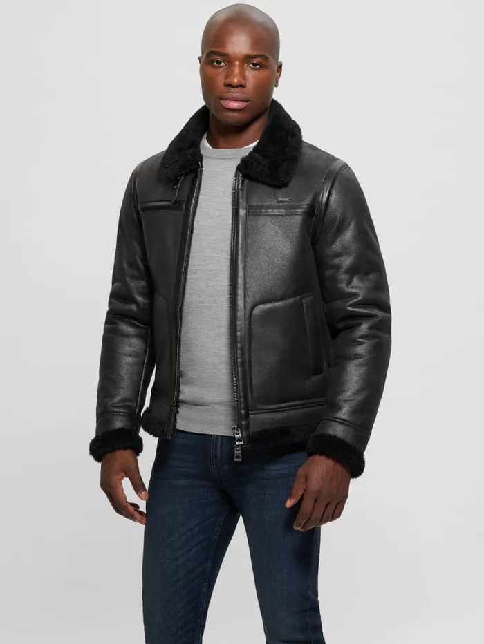 GUESS Jackets and Coats Aviator Shearling Jacket Black 8211 Men