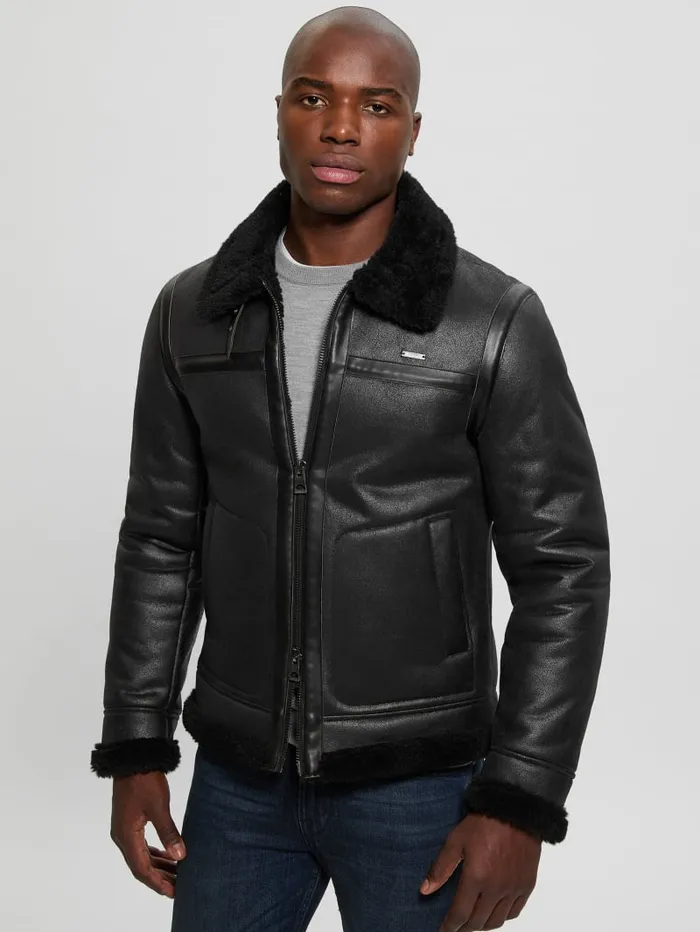 GUESS Jackets and Coats Aviator Shearling Jacket Black 8211 Men