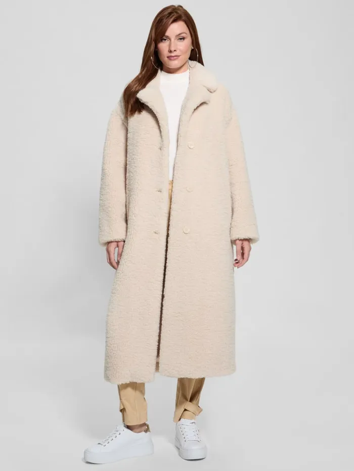 GUESS Jackets and Coats Eco Alina Teddy Longline Coat Beige 8211 Women