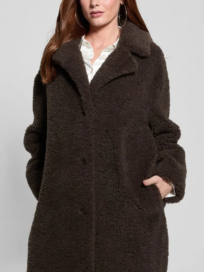 GUESS Jackets and Coats Eco Alina Teddy Longline Coat Beige 8211 Women