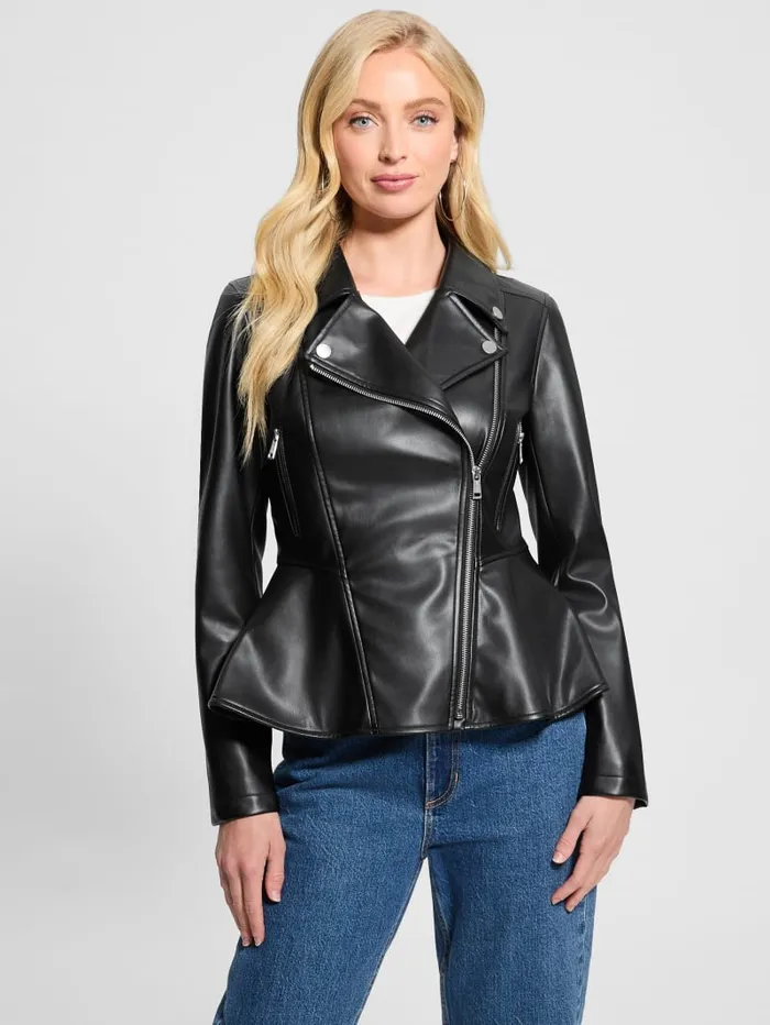 GUESS Jackets and Coats Ivy FauxLeather Peplum Moto Jacket Black 8211 Women