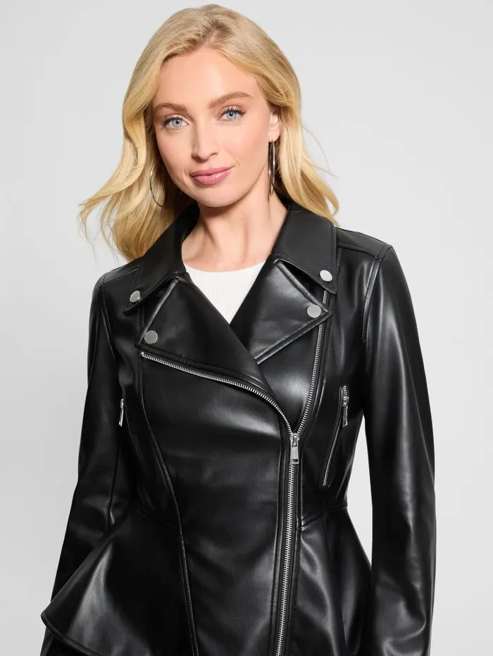 GUESS Jackets and Coats Ivy FauxLeather Peplum Moto Jacket Black 8211 Women