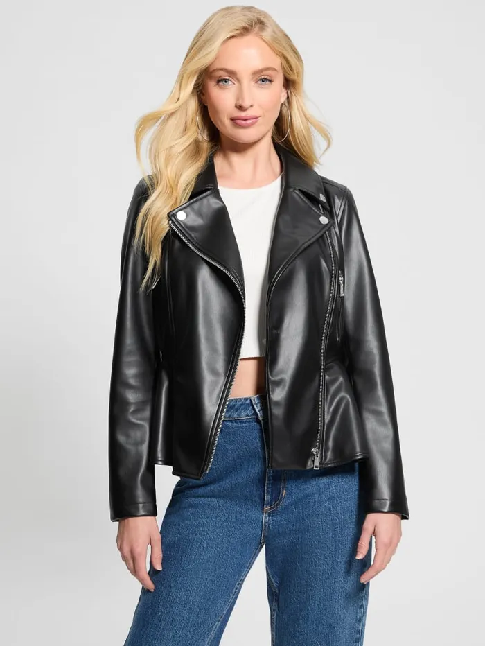 GUESS Jackets and Coats Ivy FauxLeather Peplum Moto Jacket Black 8211 Women