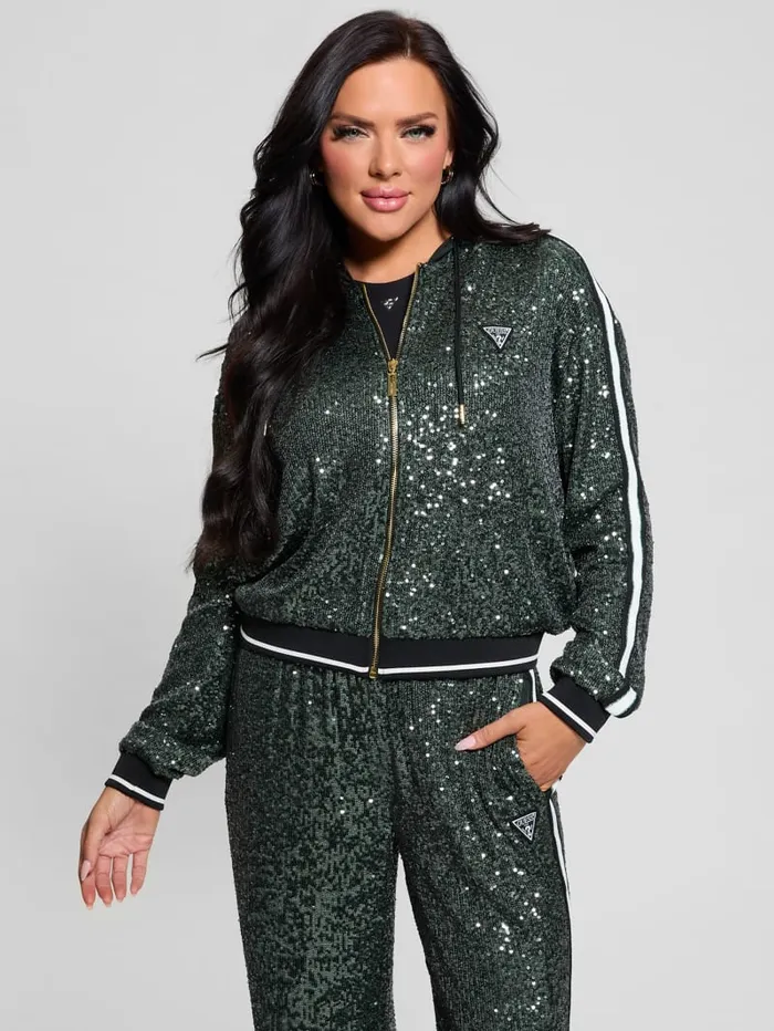 GUESS Jackets and Coats Mini Sequins ZipUp Sweatshirt Green 8211 Women