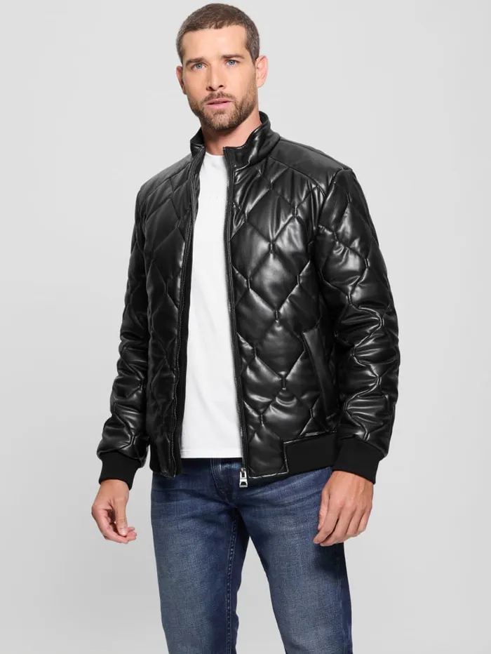 GUESS Jackets and Coats Quilted FauxLeather Jacket White 8211 Men