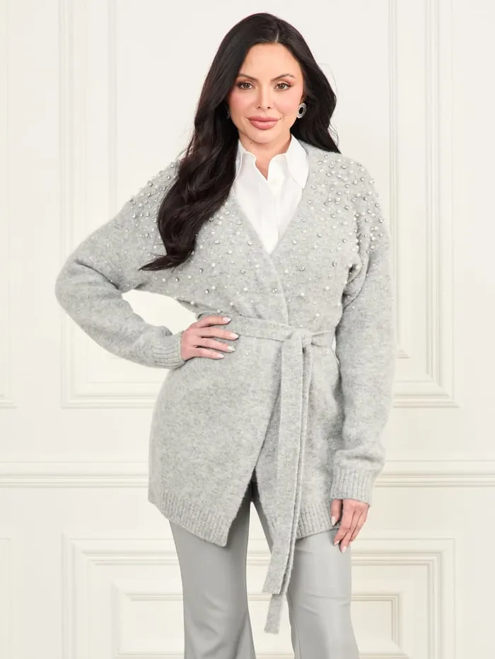 GUESS Jackets and Coats Sibilla Belted Embellished Cardigan Gray 8211 Women