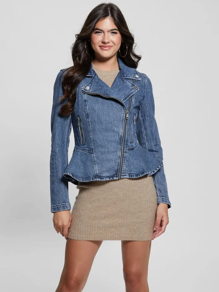 GUESS Jeans and Denim Eco Mac Denim Peplum Moto Jacket Blue 8211 Women