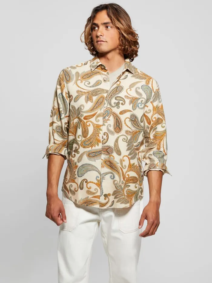GUESS Shirts Eco Linen Paisley Shirt Beige 8211 Men