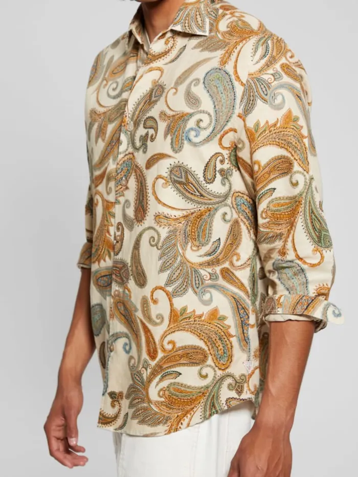GUESS Shirts Eco Linen Paisley Shirt Beige 8211 Men
