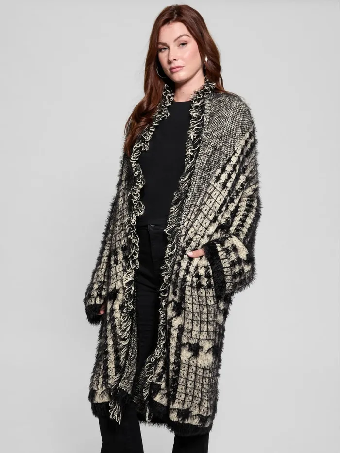 GUESS Sweaters and Knits Lee Fringed and Patchwork Long Cardigan Black 8211 Women