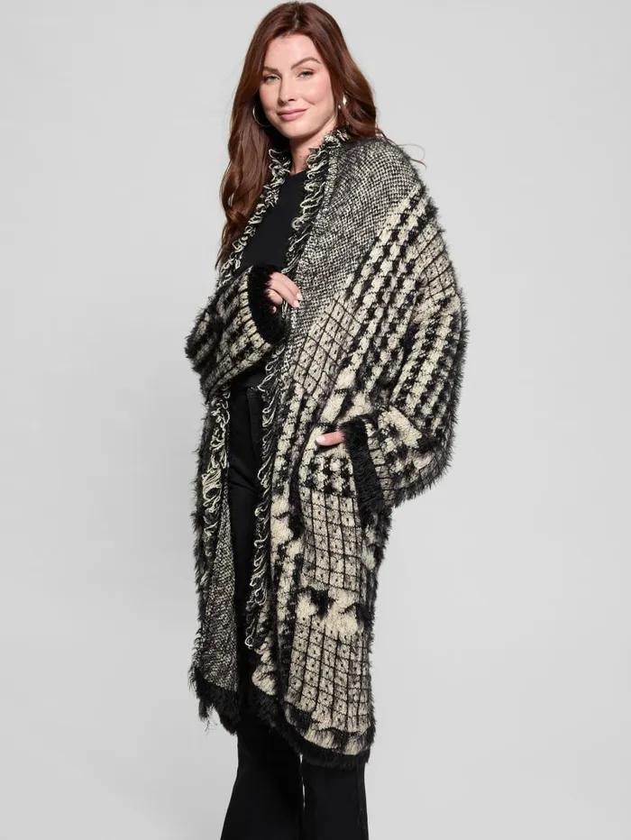 GUESS Sweaters and Knits Lee Fringed and Patchwork Long Cardigan Black 8211 Women