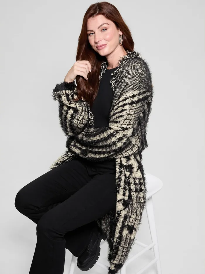GUESS Sweaters and Knits Lee Fringed and Patchwork Long Cardigan Black 8211 Women