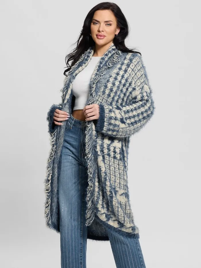 GUESS Sweaters and Knits Lee Fringed and Patchwork Long Cardigan Black 8211 Women