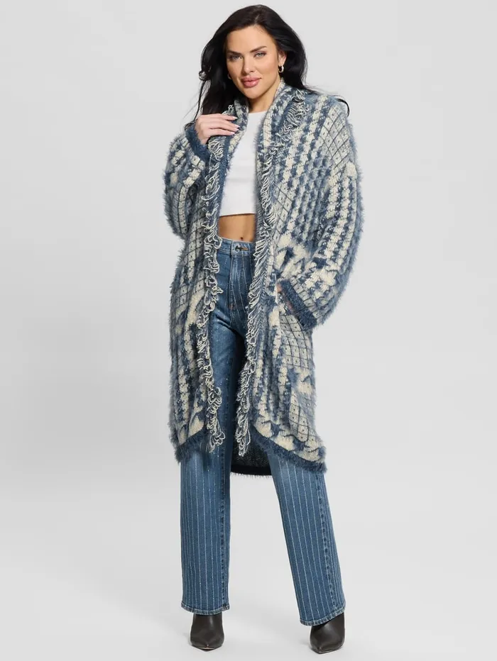 GUESS Sweaters and Knits Lee Fringed and Patchwork Long Cardigan Black 8211 Women