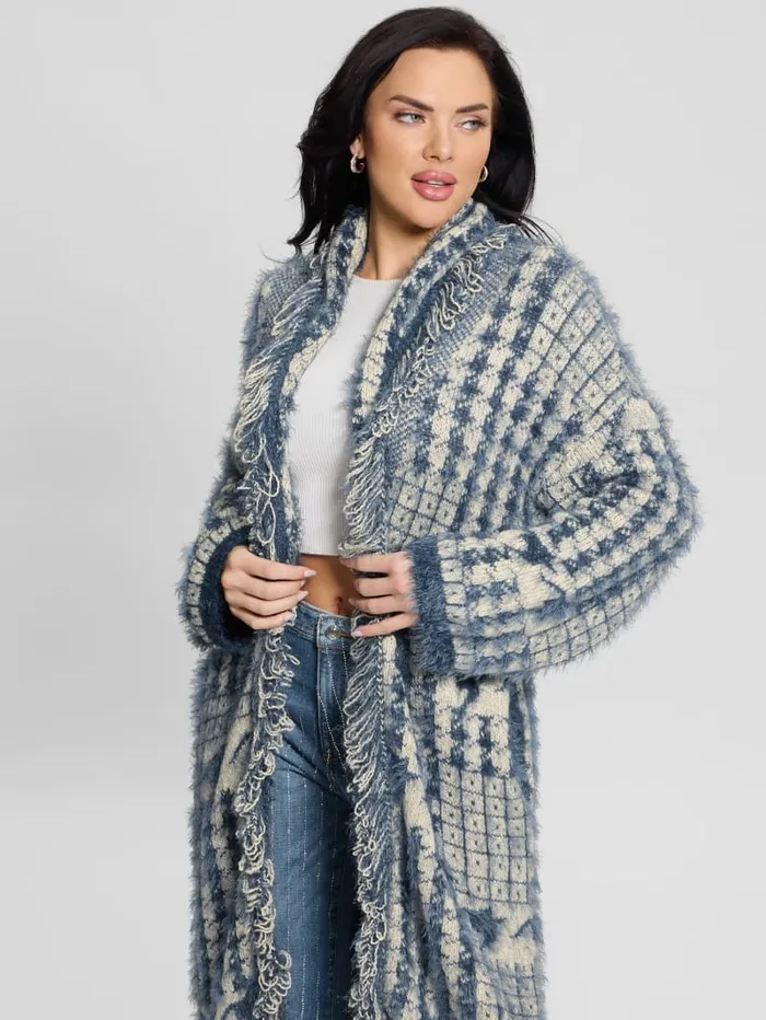 GUESS Sweaters and Knits Lee Fringed and Patchwork Long Cardigan Black 8211 Women