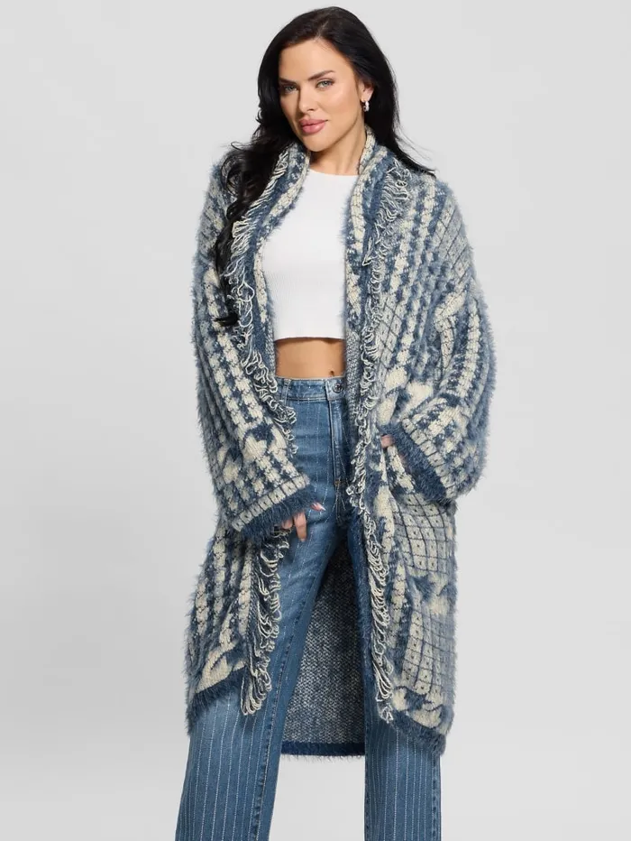 GUESS Sweaters and Knits Lee Fringed and Patchwork Long Cardigan Black 8211 Women