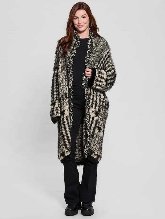 GUESS Sweaters and Knits Lee Fringed and Patchwork Long Cardigan Black 8211 Women