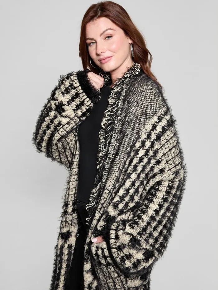GUESS Sweaters and Knits Lee Fringed and Patchwork Long Cardigan Black 8211 Women