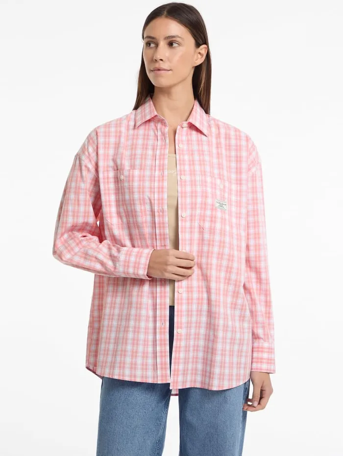 GUESS Tops and Tees Eco Oversized Plaid Poplin Shirt Pink 8211 Women