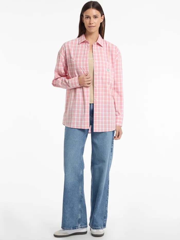 GUESS Tops and Tees Eco Oversized Plaid Poplin Shirt Pink 8211 Women