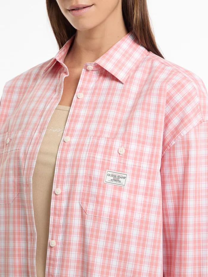 GUESS Tops and Tees Eco Oversized Plaid Poplin Shirt Pink 8211 Women