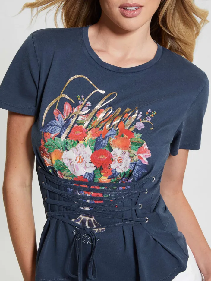 GUESS Tops Eco Fleur LaceUp Tee Blue 8211 Women