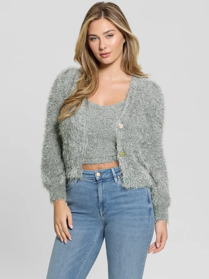 GUESS Tops Emiko Eyelash Crop Cardigan Green 8211 Women