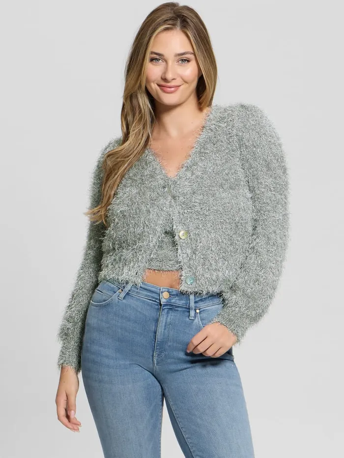 GUESS Tops Emiko Eyelash Crop Cardigan Green 8211 Women