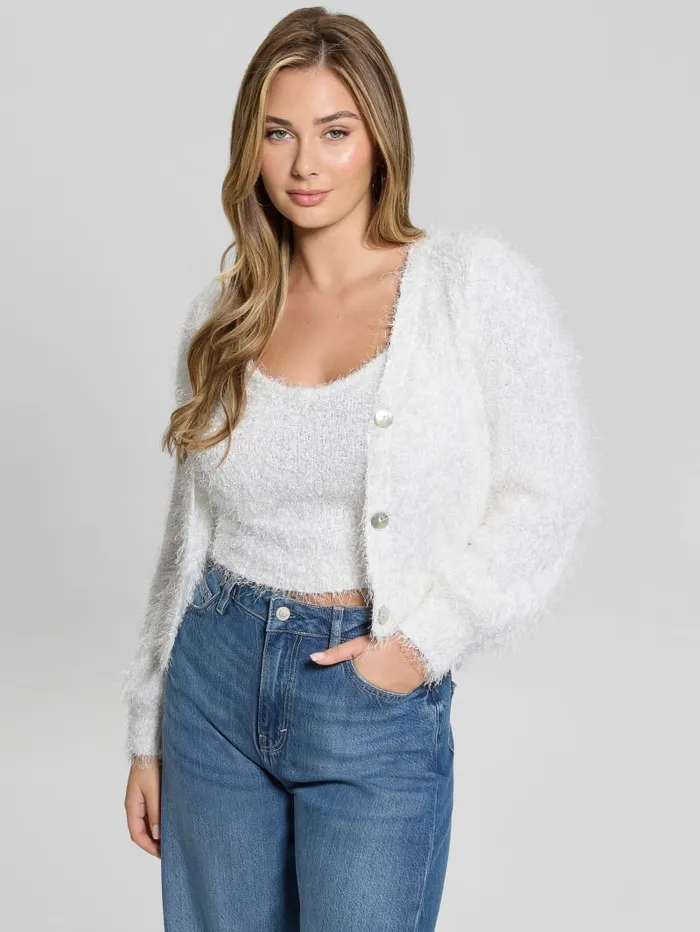 GUESS Tops Emiko Eyelash Crop Cardigan Green 8211 Women