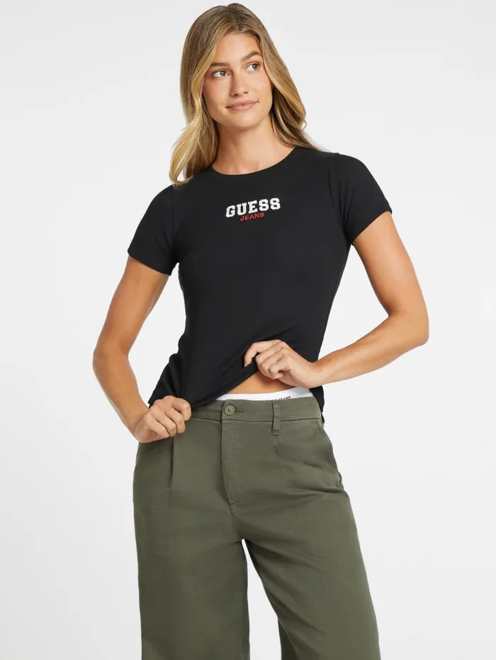 GUESS Tops Slim RibKnit Embroidered Tee Black 8211 Women