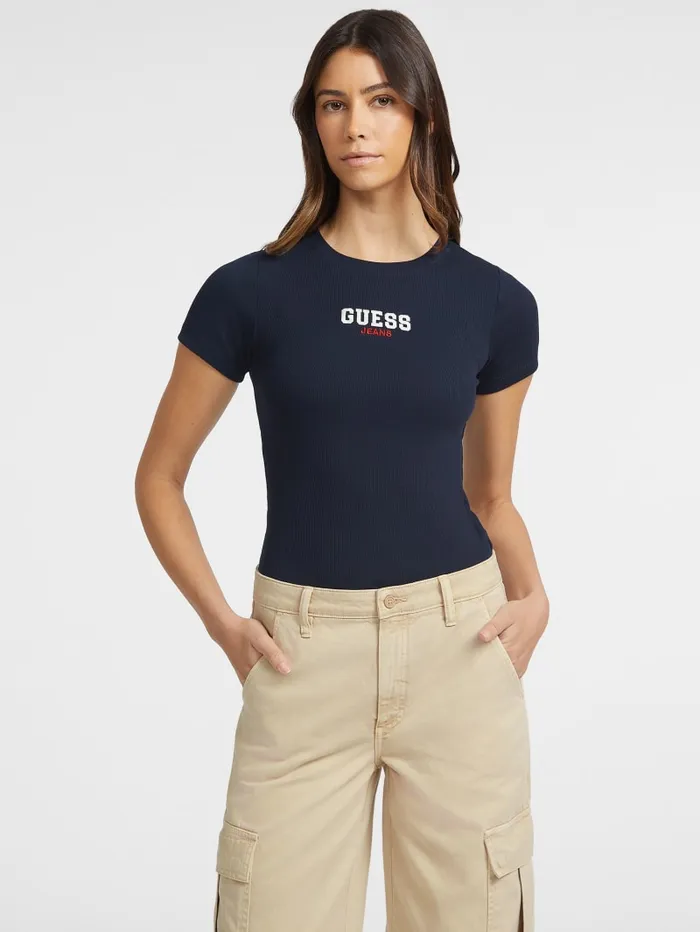 GUESS Tops Slim RibKnit Embroidered Tee Black 8211 Women