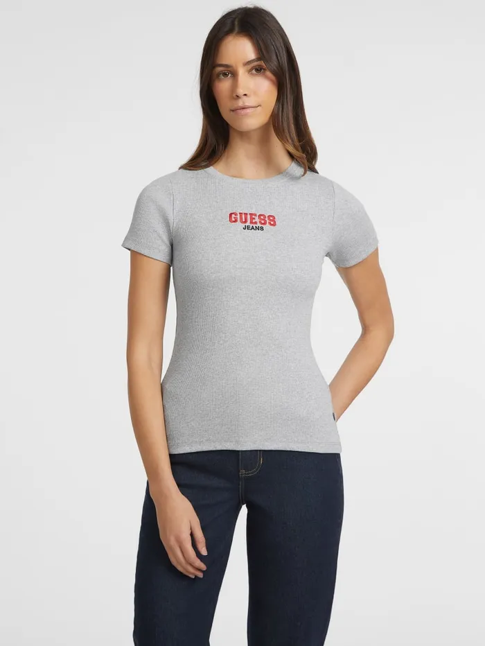 GUESS Tops Slim RibKnit Embroidered Tee Black 8211 Women