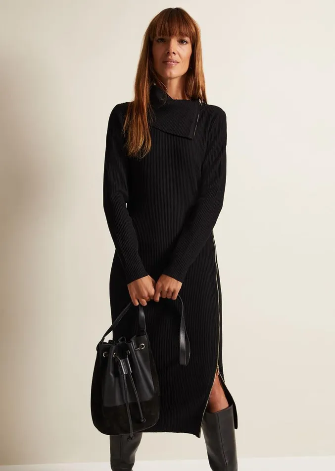 Hartley Zip Ribbed Column Dress Black Women Phase Eight Dresses